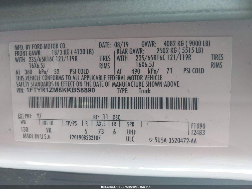 1FTYR1ZM8KKB58890 2019 FORD TRANSIT-250 photo no. 9