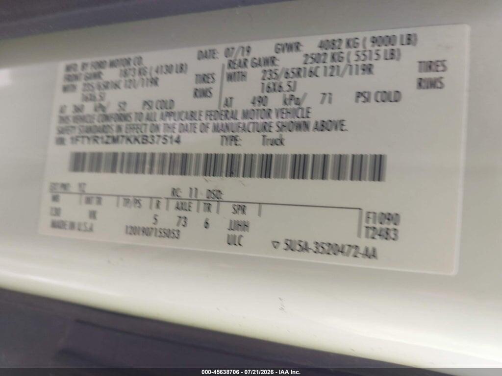 1FTYR1ZM7KKB37514 2019 FORD TRANSIT-250 photo no. 9