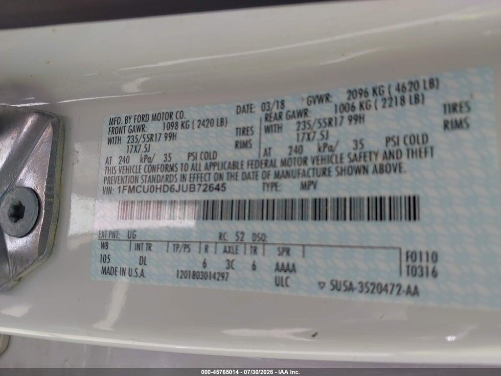 1FMCU0HD6JUB72645 2018 FORD ESCAPE photo no. 9