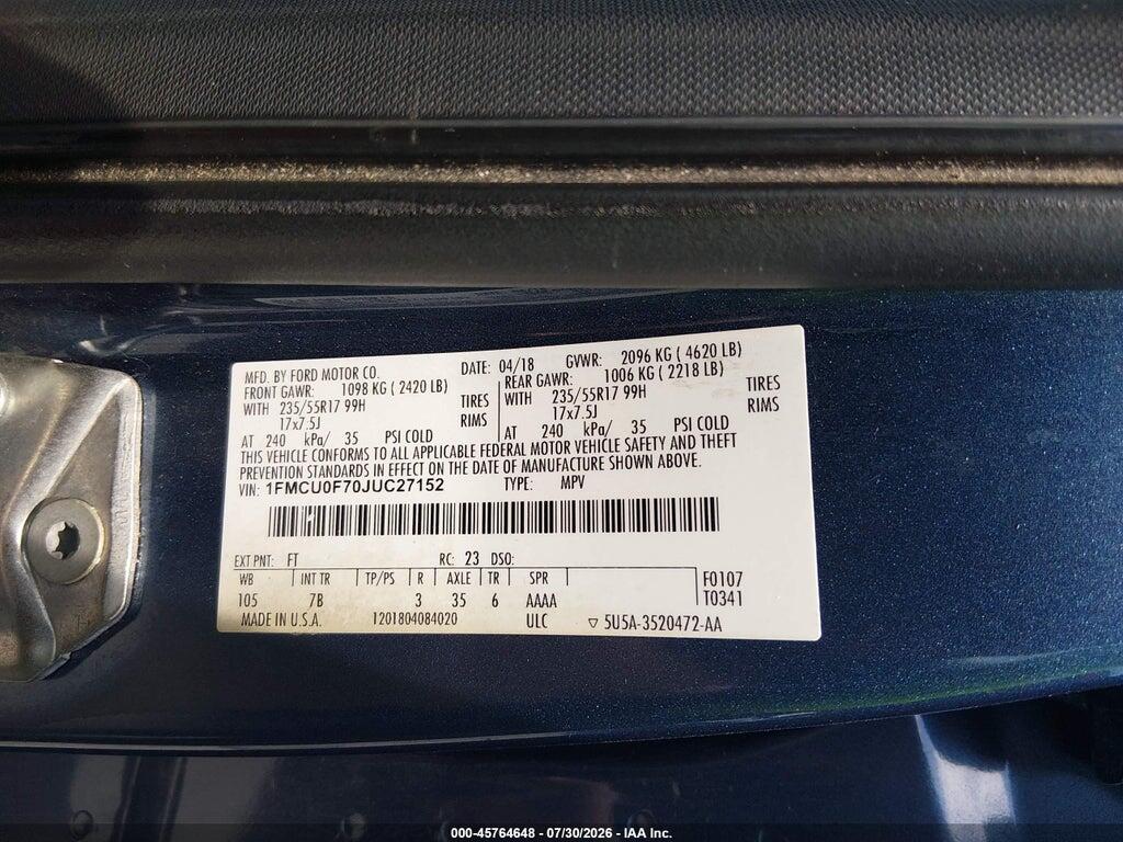 1FMCU0F70JUC27152 2018 FORD ESCAPE photo no. 9