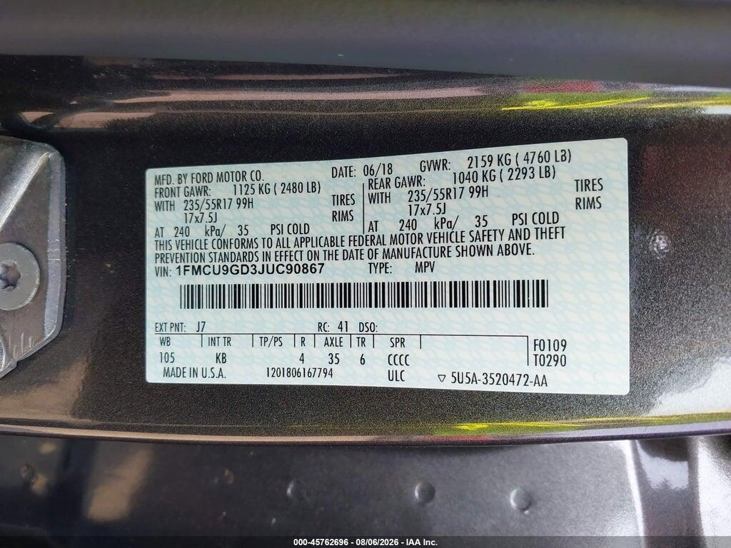1FMCU9GD3JUC90867 2018 FORD ESCAPE photo no. 9