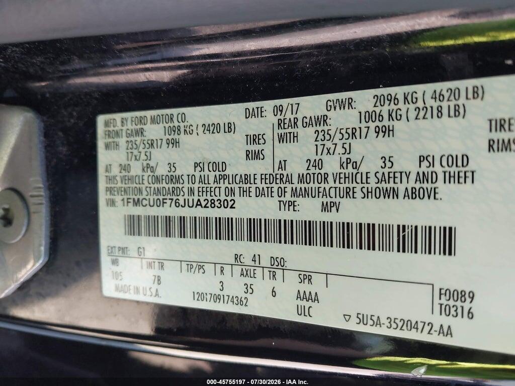 1FMCU0F76JUA28302 2018 FORD ESCAPE photo no. 9