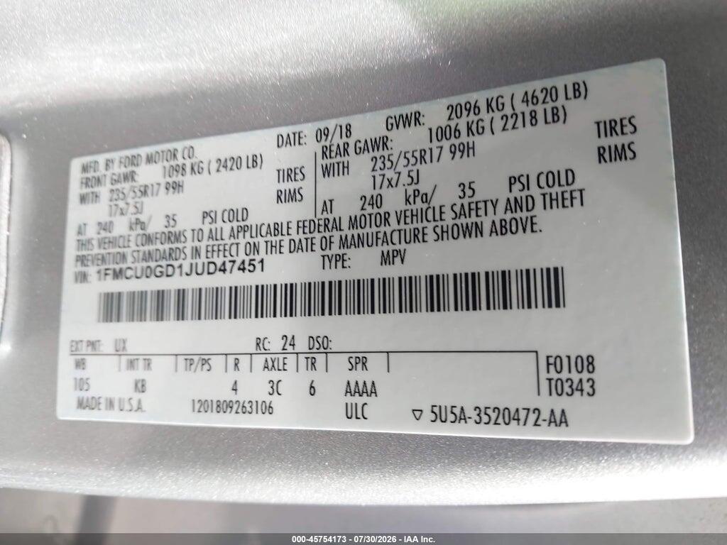 1FMCU0GD1JUD47451 2018 FORD ESCAPE photo no. 9