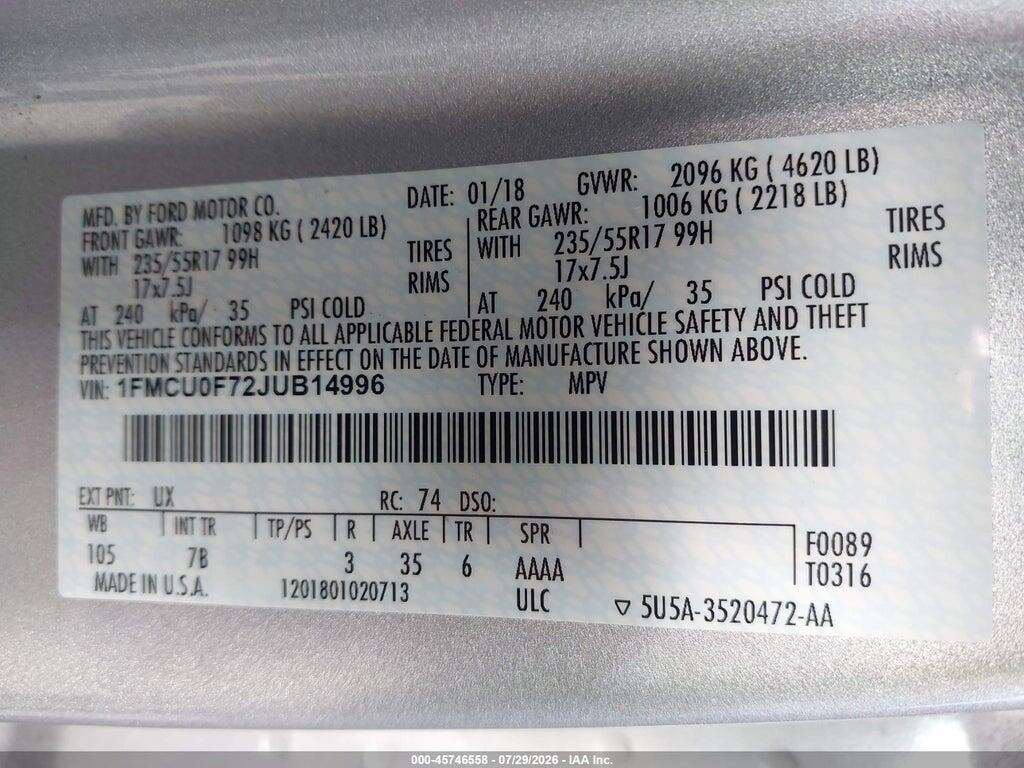 1FMCU0F72JUB14996 2018 FORD ESCAPE photo no. 9