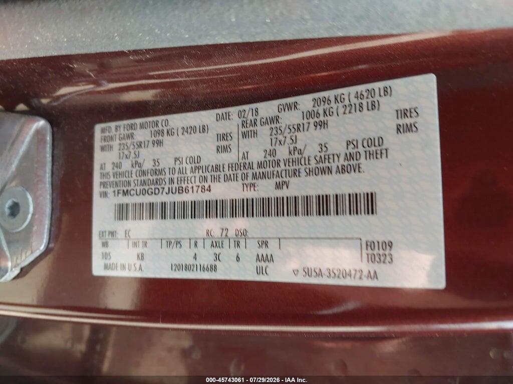 1FMCU0GD7JUB61784 2018 FORD ESCAPE photo no. 9