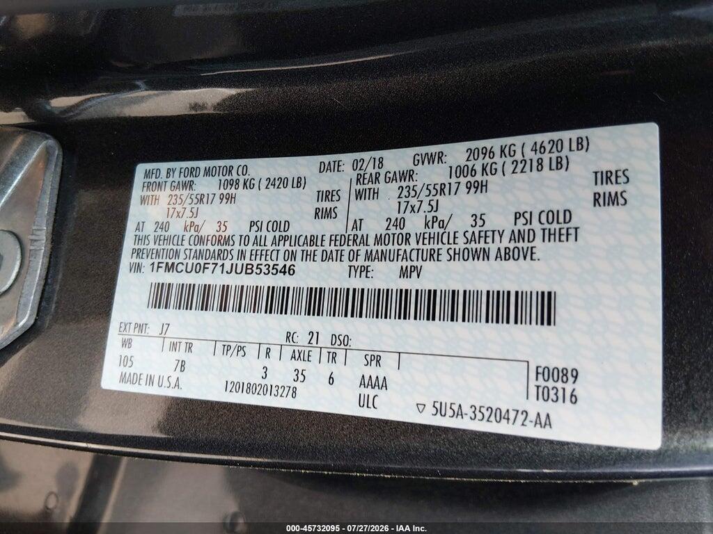 1FMCU0F71JUB53546 2018 FORD ESCAPE photo no. 9