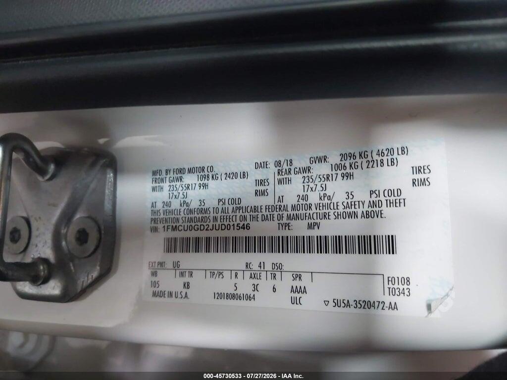1FMCU0GD2JUD01546 2018 FORD ESCAPE photo no. 9
