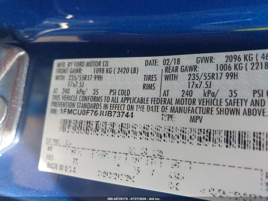 1FMCU0F76JUB73744 2018 FORD ESCAPE photo no. 9