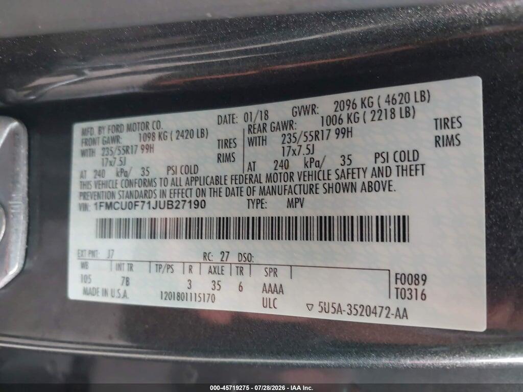 1FMCU0F71JUB27190 2018 FORD ESCAPE photo no. 9