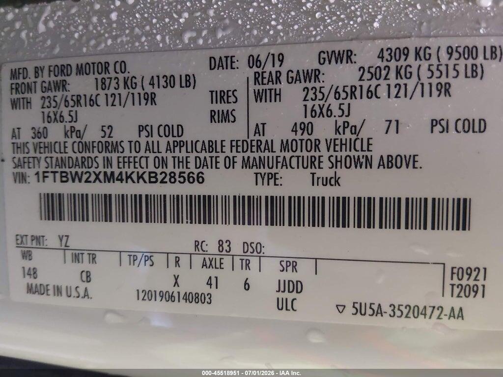1FTBW2XM4KKB28566 2019 FORD TRANSIT-350 photo no. 9