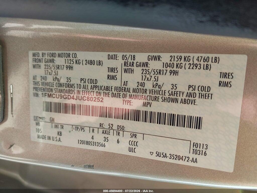 1FMCU9GD4JUC80252 2018 FORD ESCAPE photo no. 9