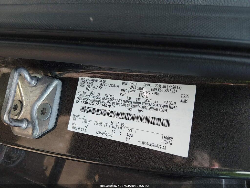 1FMCU0F74JUA07819 2018 FORD ESCAPE photo no. 9