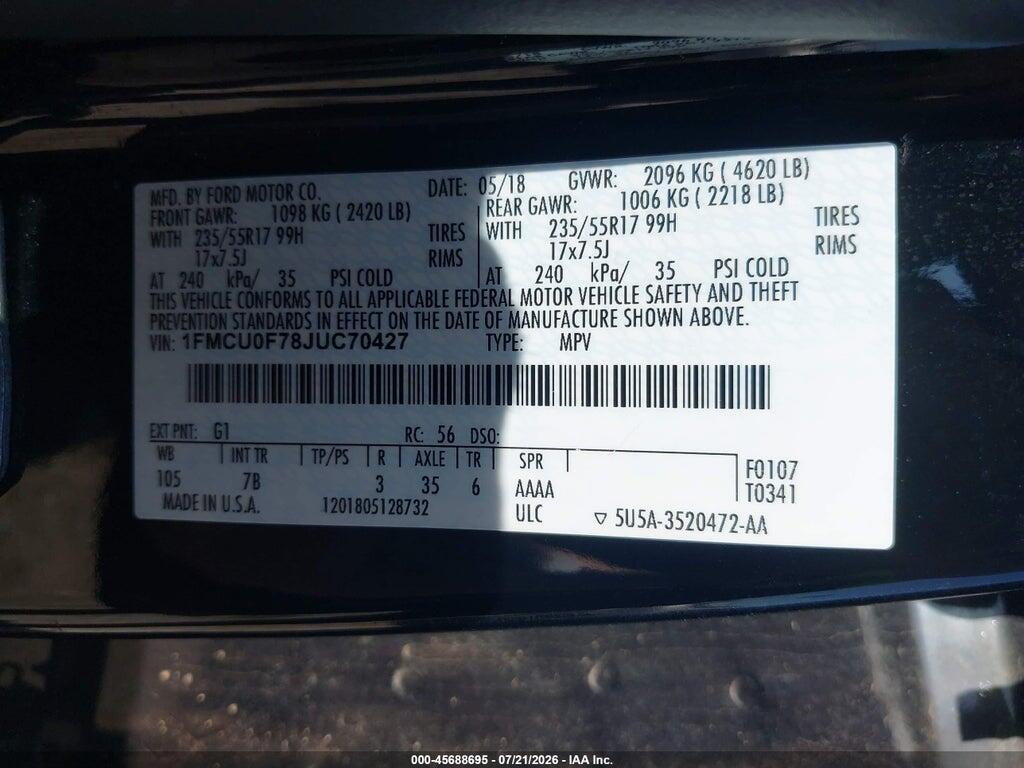 1FMCU0F78JUC70427 2018 FORD ESCAPE photo no. 9