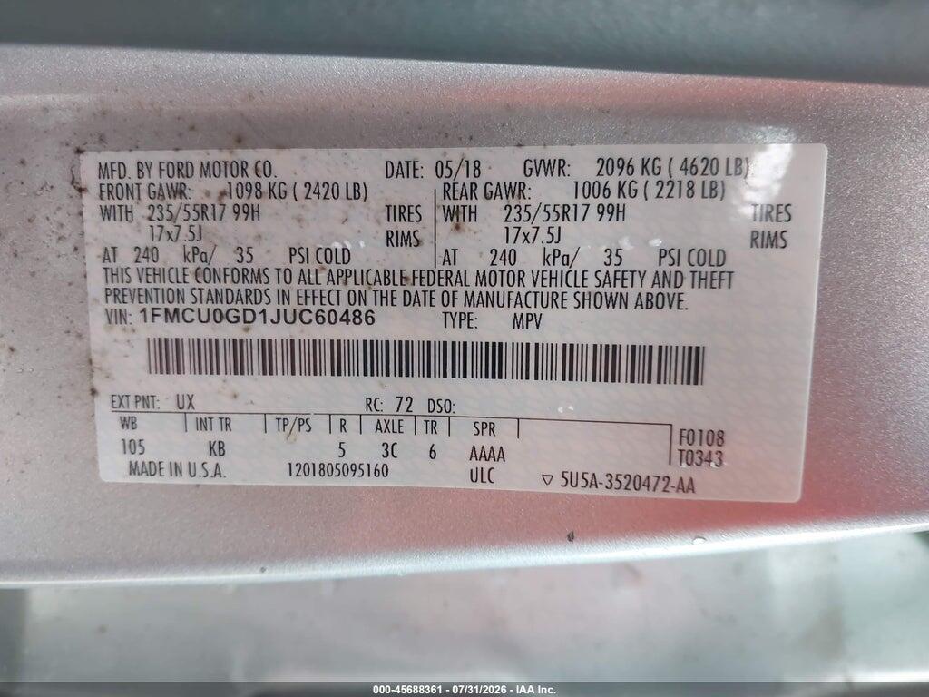 1FMCU0GD1JUC60486 2018 FORD ESCAPE photo no. 9