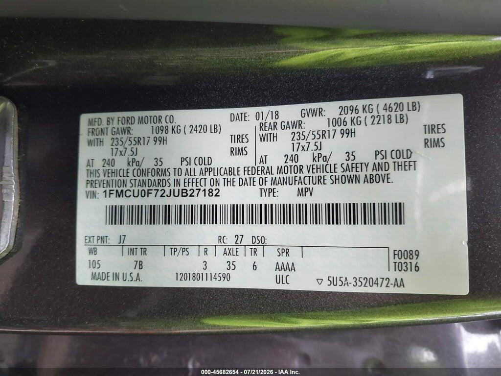 1FMCU0F72JUB27182 2018 FORD ESCAPE photo no. 9