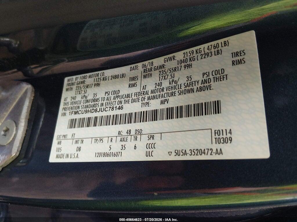 1FMCU9HD8JUC78146 2018 FORD ESCAPE photo no. 9