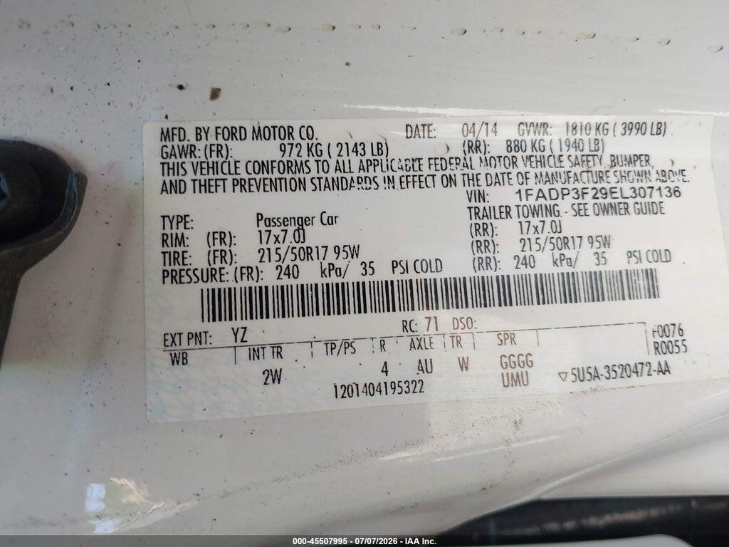 1FADP3F29EL307136 2014 FORD FOCUS photo no. 9