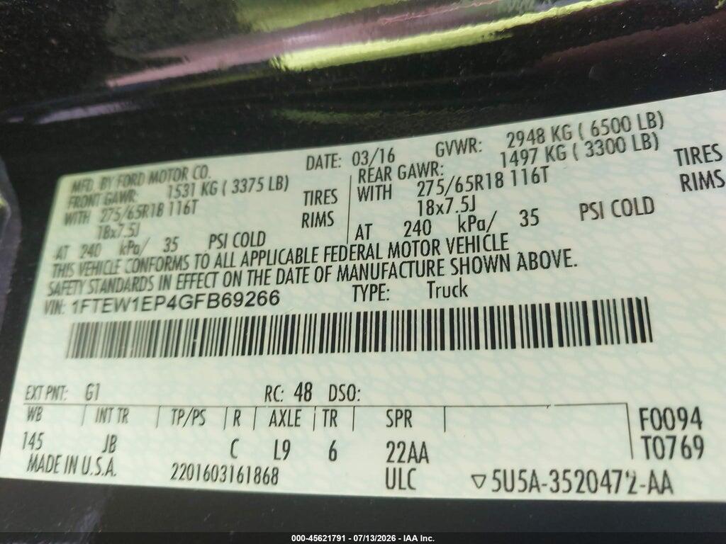 1FTEW1EP4GFB69266 2016 FORD F-150 photo no. 9