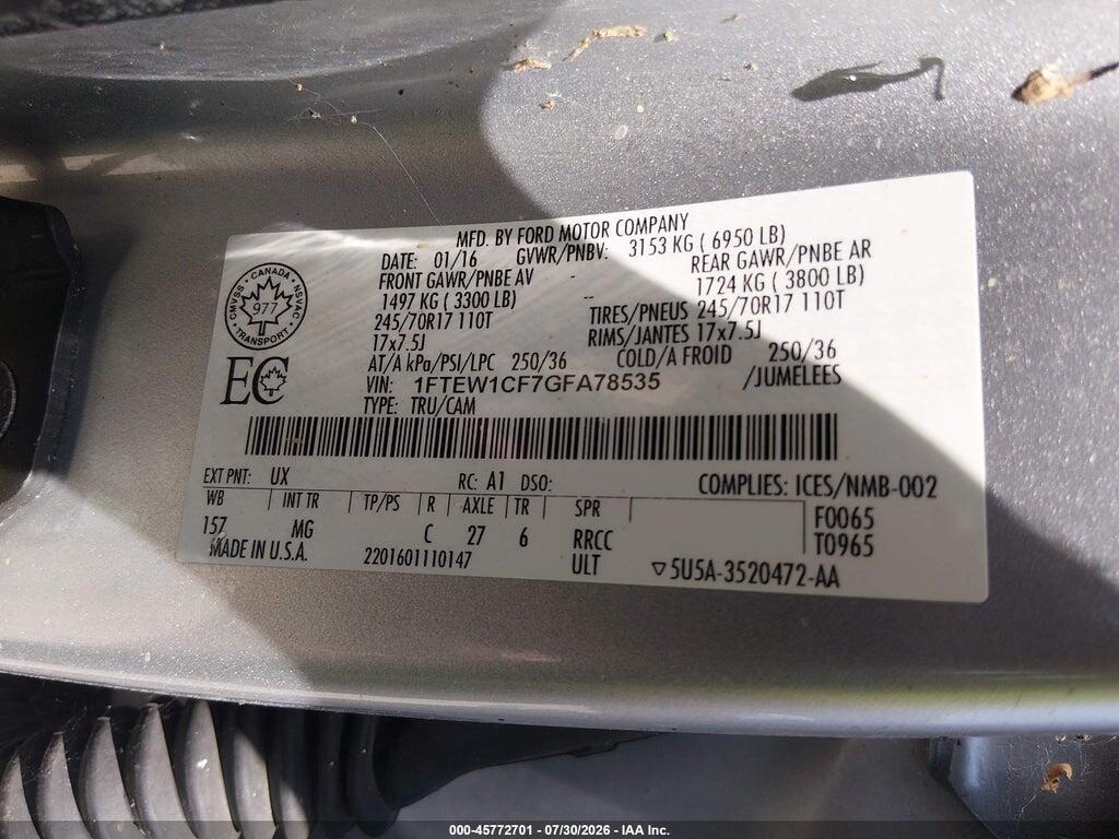 1FTEW1CF7GFA78535 2016 FORD F-150 photo no. 9