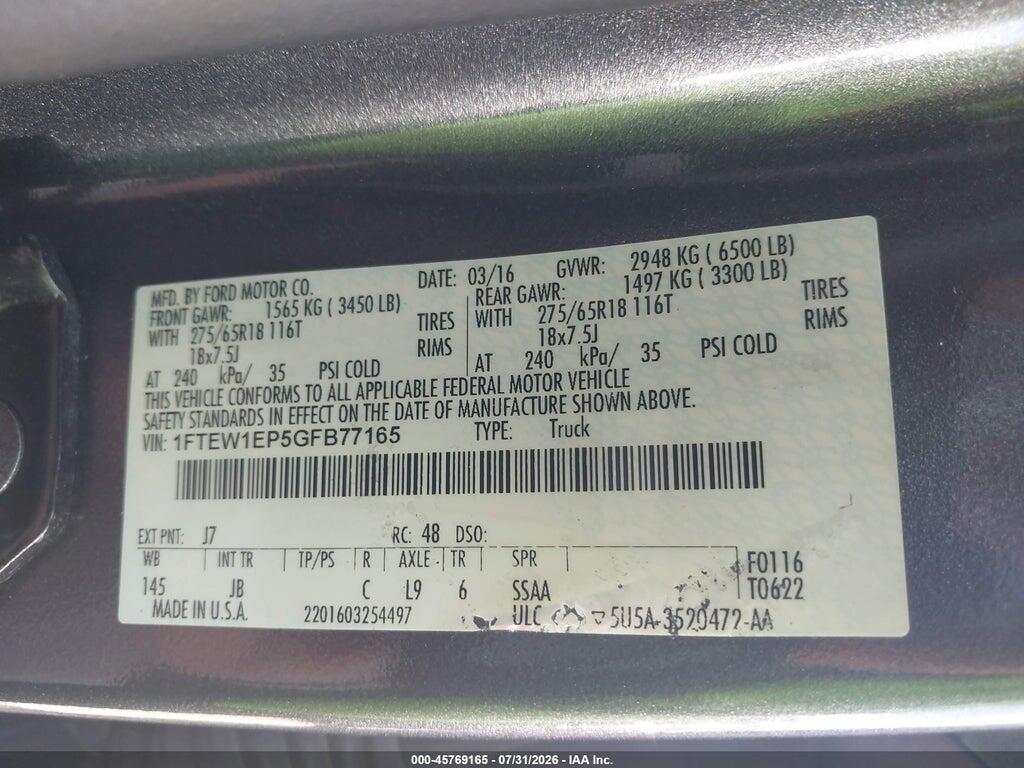 1FTEW1EP5GFB77165 2016 FORD F-150 photo no. 9