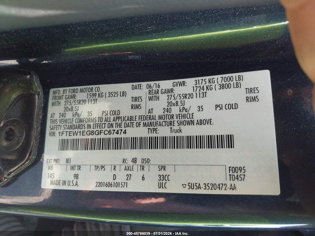 1FTEW1EG8GFC67474 2016 FORD F-150 photo no. 9