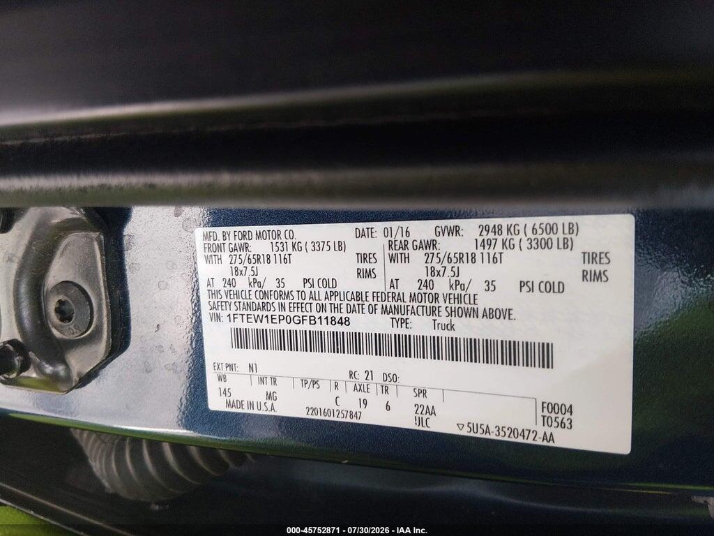 1FTEW1EP0GFB11848 2016 FORD F-150 photo no. 9