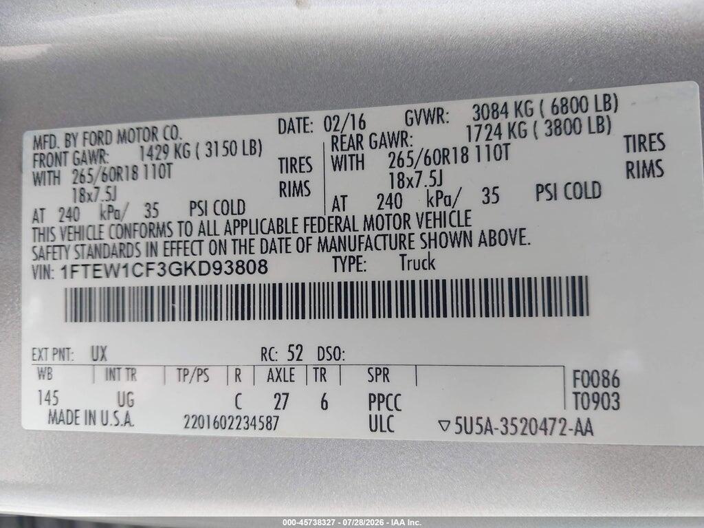 1FTEW1CF3GKD93808 2016 FORD F-150 photo no. 9