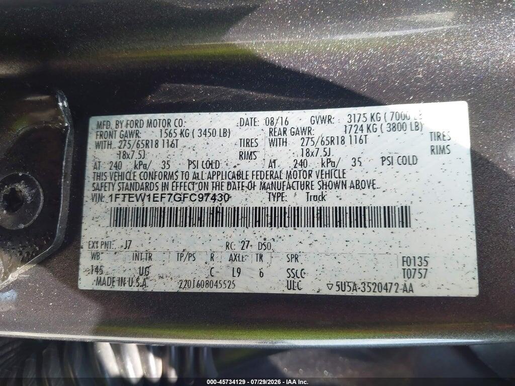 1FTEW1EF7GFC97430 2016 FORD F-150 photo no. 9