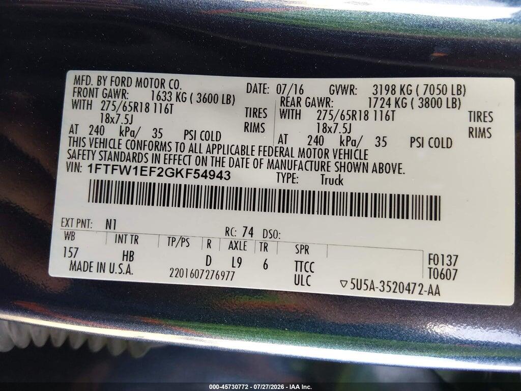 1FTFW1EF2GKF54943 2016 FORD F-150 photo no. 9