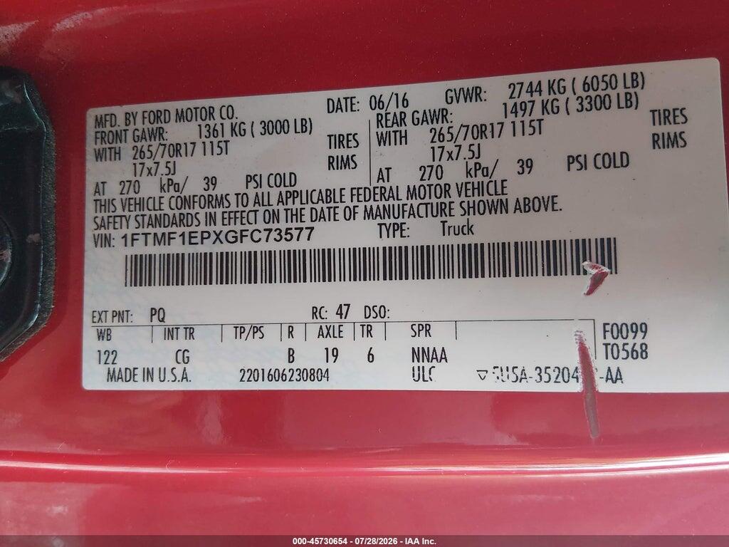 1FTMF1EPXGFC73577 2016 FORD F-150 photo no. 9