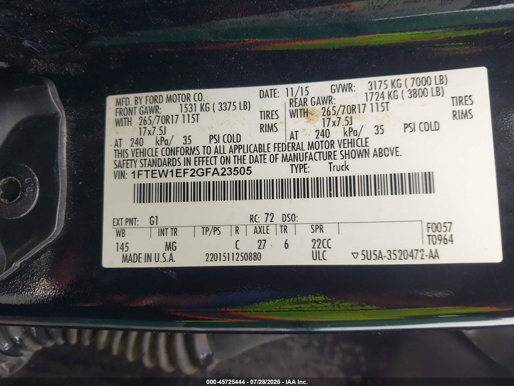 1FTEW1EF2GFA23505 2016 FORD F-150 photo no. 9