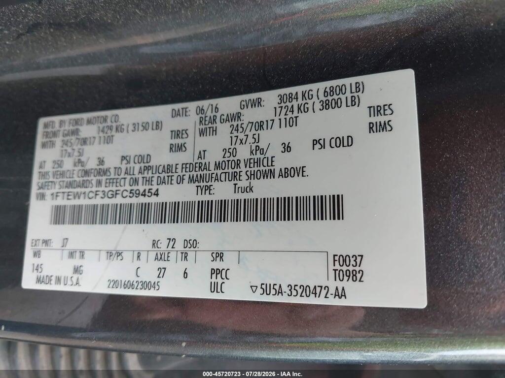 1FTEW1CF3GFC59454 2016 FORD F-150 photo no. 9