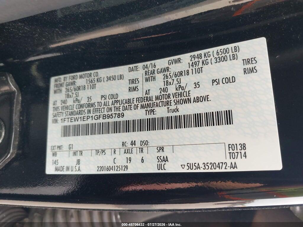 1FTEW1EP1GFB95789 2016 FORD F-150 photo no. 9