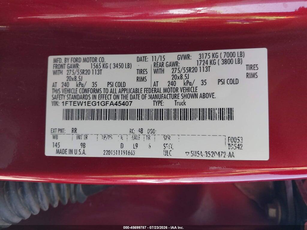 1FTEW1EG1GFA45407 2016 FORD F-150 photo no. 9