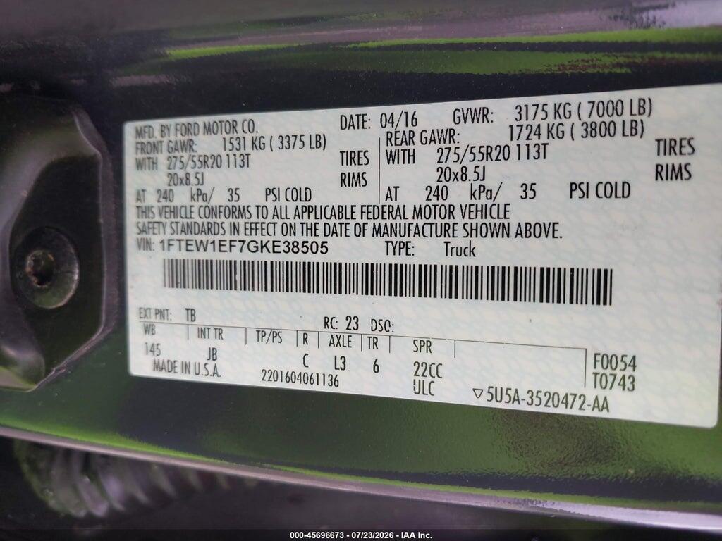 1FTEW1EF7GKE38505 2016 FORD F-150 photo no. 9