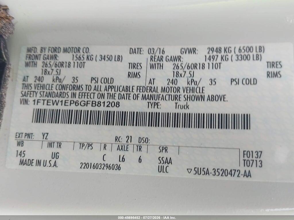 1FTEW1EP6GFB81208 2016 FORD F-150 photo no. 9