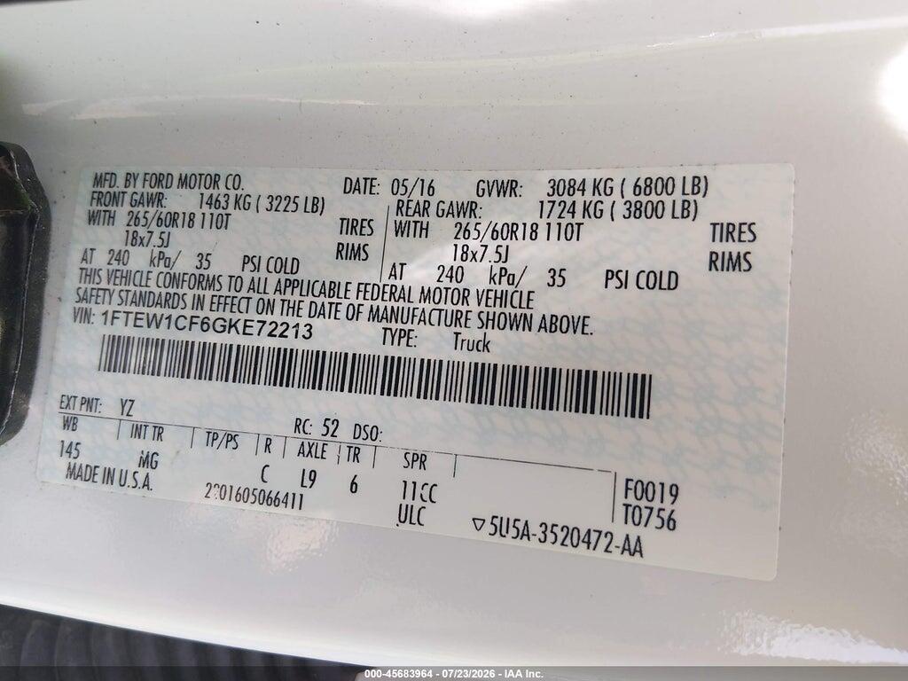 1FTEW1CF6GKE72213 2016 FORD F-150 photo no. 9