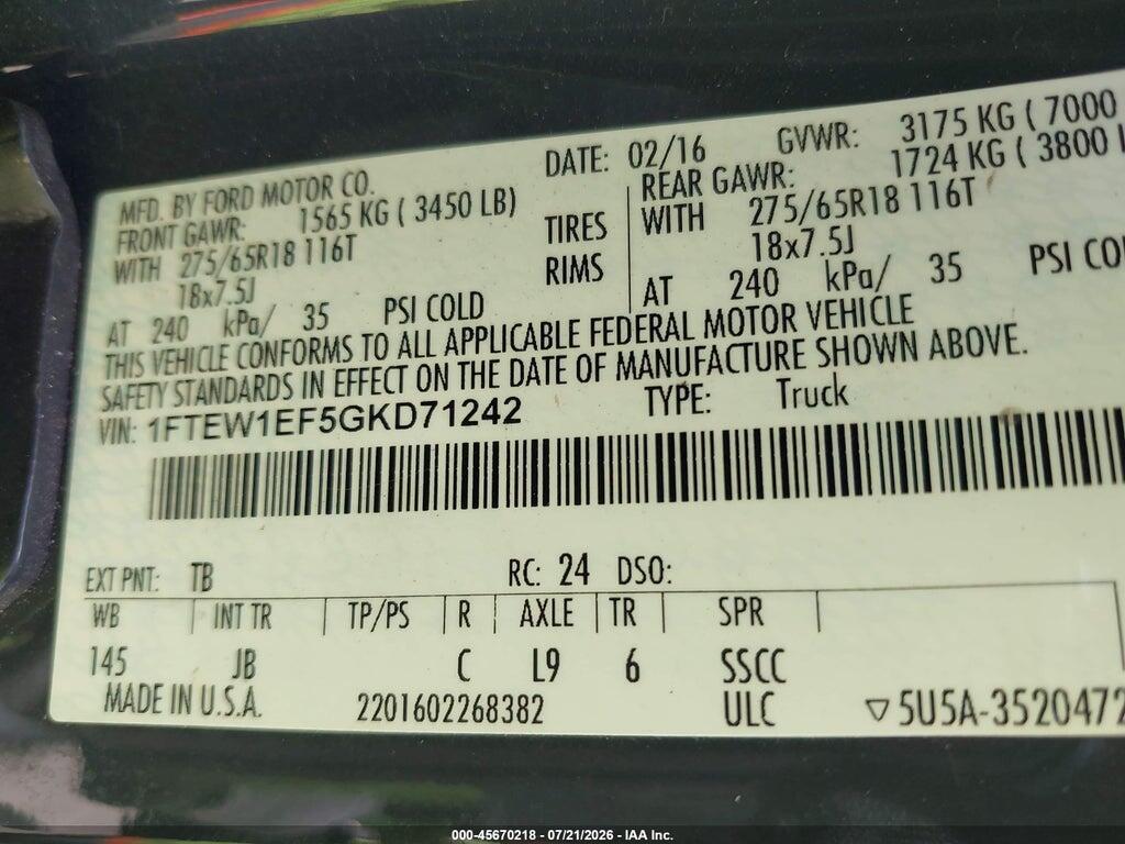 1FTEW1EF5GKD71242 2016 FORD F-150 photo no. 9