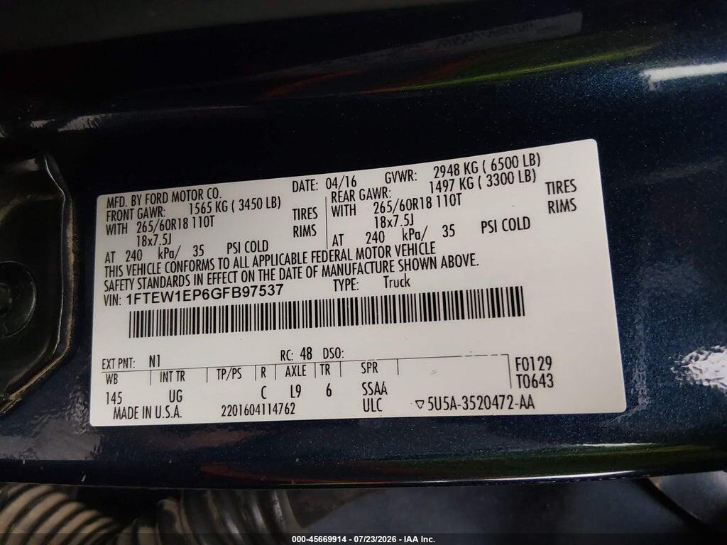1FTEW1EP6GFB97537 2016 FORD F-150 photo no. 9