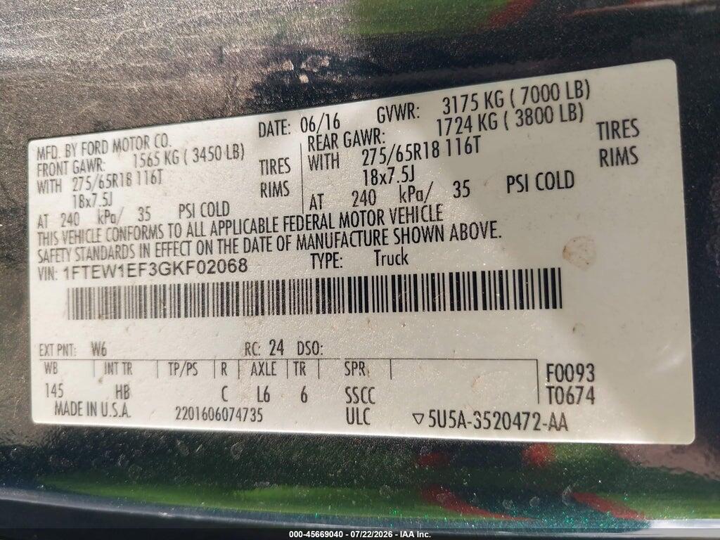 1FTEW1EF3GKF02068 2016 FORD F-150 photo no. 9