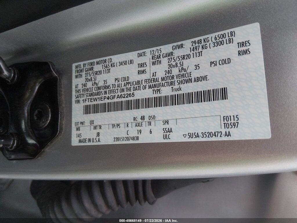 1FTEW1EP4GFA62265 2016 FORD F-150 photo no. 9