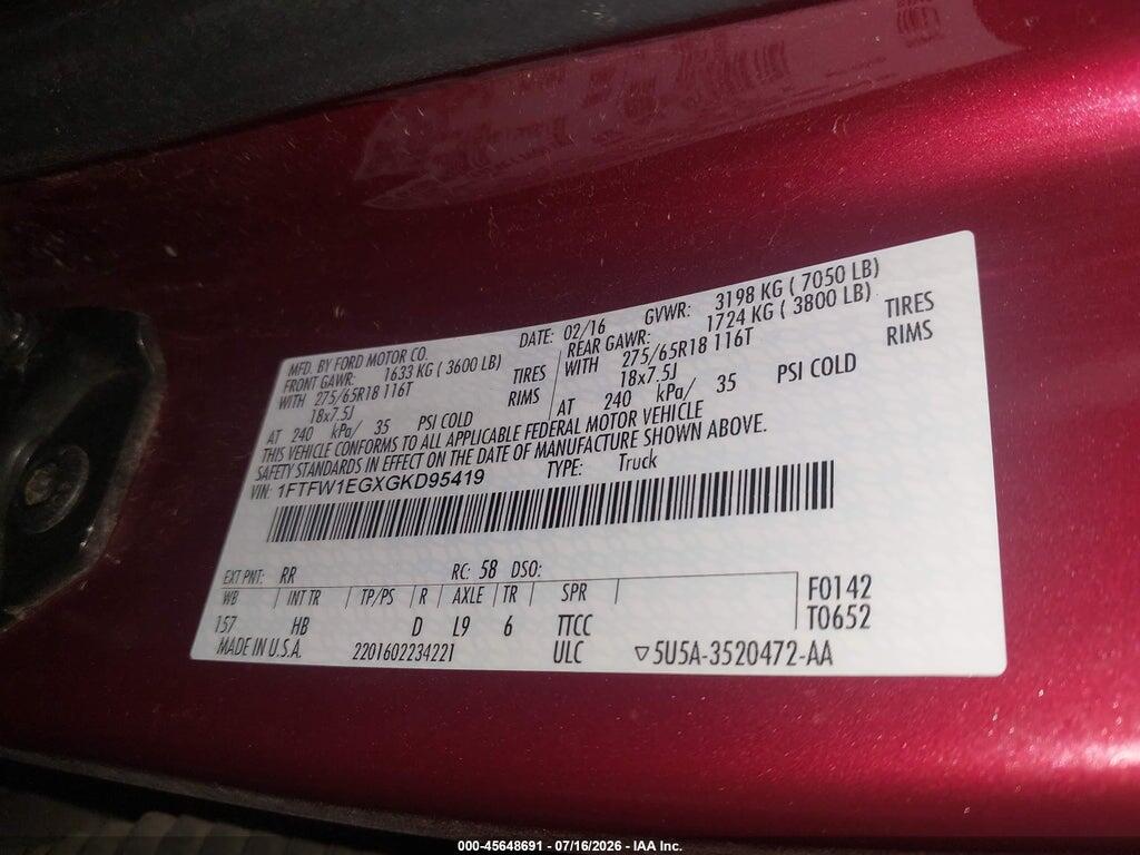 1FTFW1EGXGKD95419 2016 FORD F-150 photo no. 9