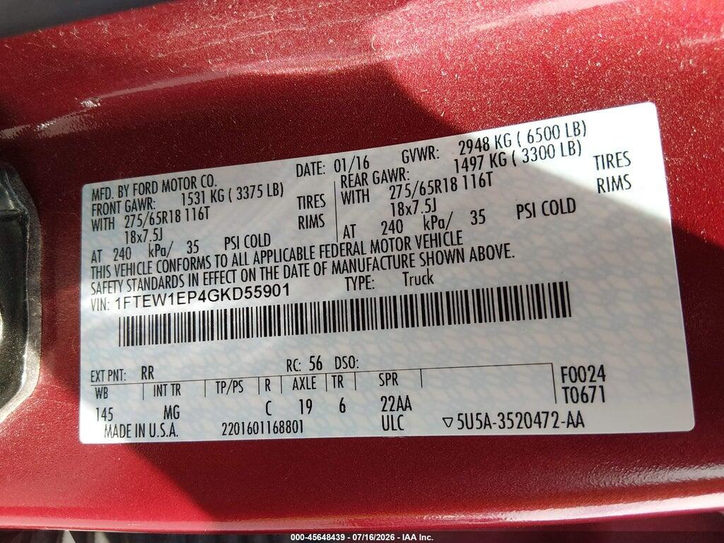 1FTEW1EP4GKD55901 2016 FORD F-150 photo no. 9
