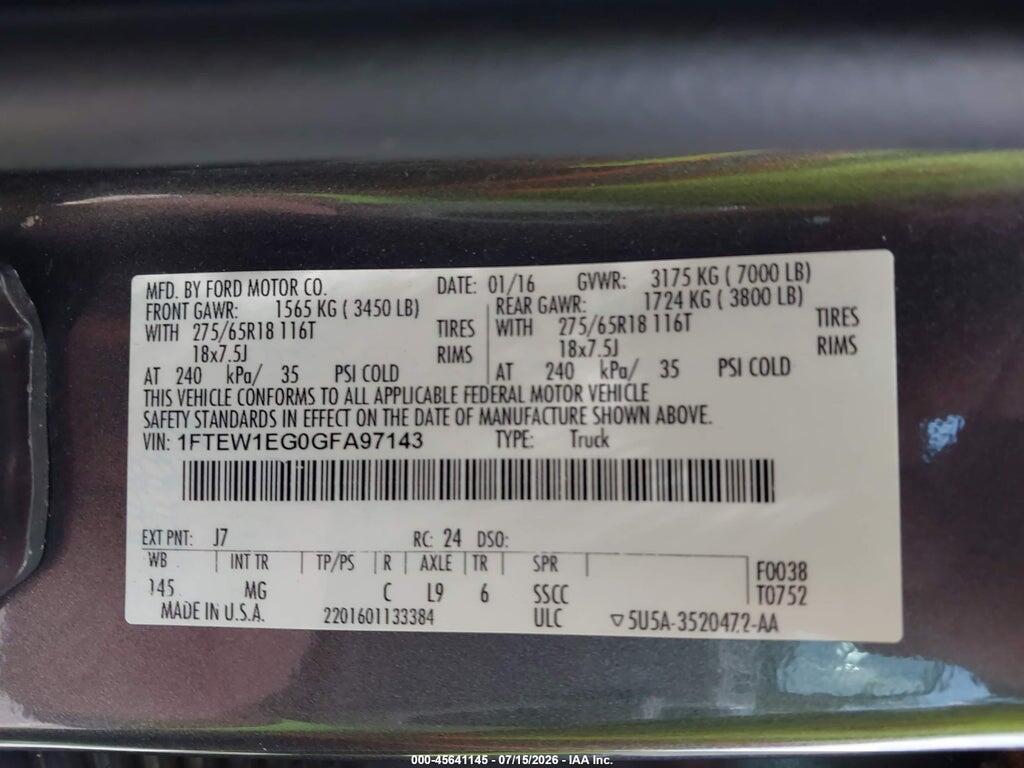 1FTEW1EG0GFA97143 2016 FORD F-150 photo no. 9