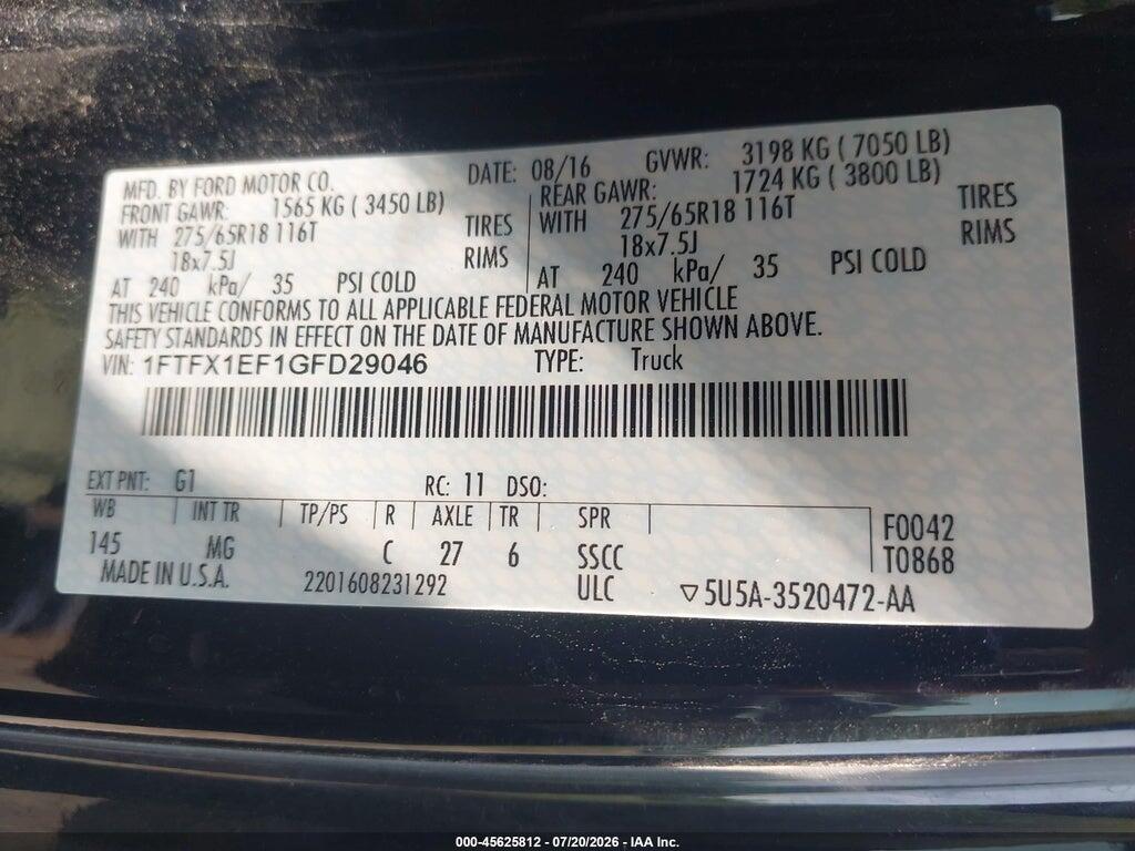 1FTFX1EF1GFD29046 2016 FORD F-150 photo no. 9