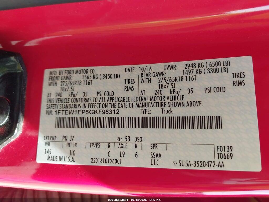1FTEW1EP5GKF98312 2016 FORD F-150 photo no. 9