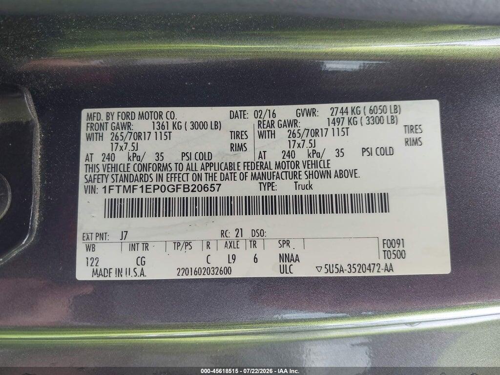 1FTMF1EP0GFB20657 2016 FORD F-150 photo no. 9