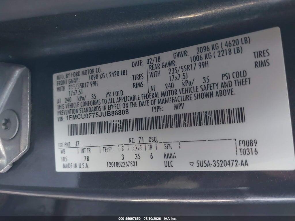 1FMCU0F75JUB86808 2018 FORD ESCAPE photo no. 9