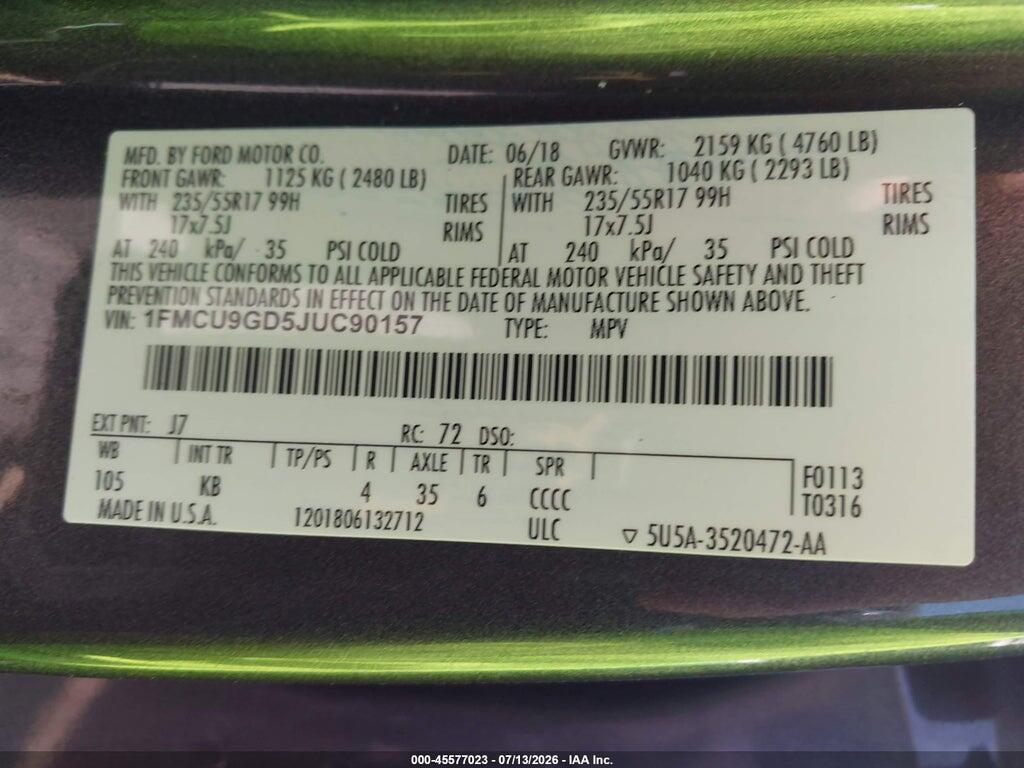 1FMCU9GD5JUC90157 2018 FORD ESCAPE photo no. 9