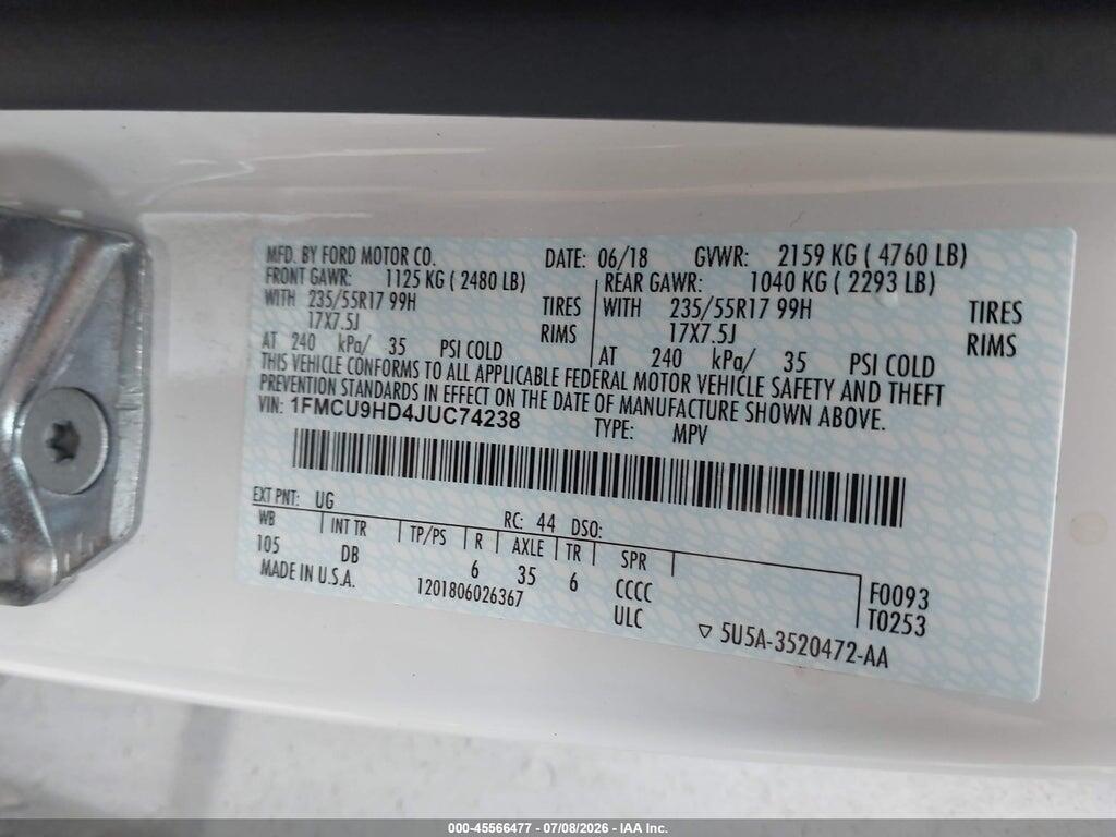 1FMCU9HD4JUC74238 2018 FORD ESCAPE photo no. 9